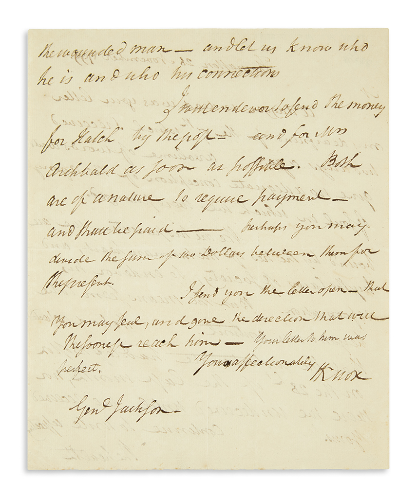 KNOX, HENRY. Autograph Letter Signed, HKnox, to Major General Henry Jackson,